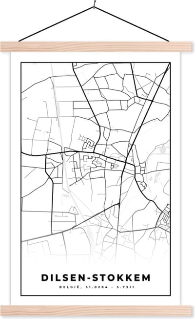 Posterhanger incl. Poster 40x60 cm - Schoolplaat - Plattegrond – Dilsen Stokkem – Zwart Wit – Stadskaart - Kaart - België - Textielposter - Blanke latten - Stadskaart