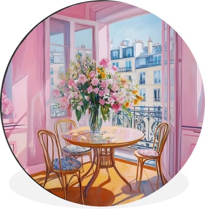 WallCircle - Wandcirkel - Muurcirkel - Pink - City - Bloemen - Aluminium - Dibond - 30x30 cm - Binnen en Buiten