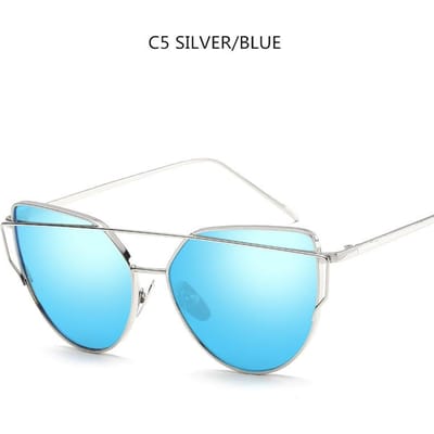 Cat-Eye Vormige Nieuwste Retro Designer Gouden Reflecterende Zonnebril Voor Vrouwen Metalen Reflecterende Platte Lens Zonnebril UV 400 Bescherming Oogbescherming As the picture shown