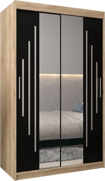 InspireMe - Kledingkast met 2 schuifdeuren, Modern-stijl, Een kledingkast met planken en een spiegel (BxHxD): 120x200x62 - MALTESE I 120 Sonoma Eik + Zwart Mat