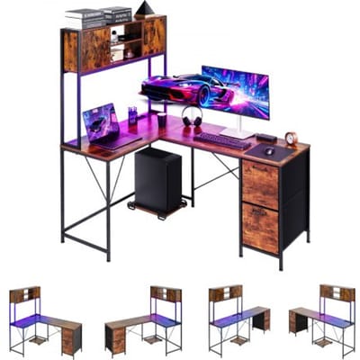 VEVOR Gaming Desk L-vormig, hoekbureau met LED-verlichting, 1,58 m hoekcomputerbureau met stopcontacten, uitschuifbare CPU-standaard en opberglades, pc-gamingbureau voor thuiswerkplek