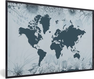 Poster in lijst - Fotolijst 90x60 cm - Posters - Wereldkaart - Retro - Bloemen - Posterlijst zwart - Decoratie - Wanddecoratie woonkamer - Muurdecoratie slaapkamer