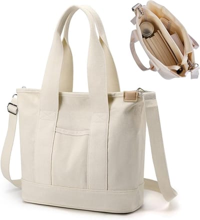 Famanu - Draagtas, canvas, dames, handtas, schoudertas, shopper met ritssluiting, voor dagelijks gebruik, school, winkelen, werk, reizen, Wit L