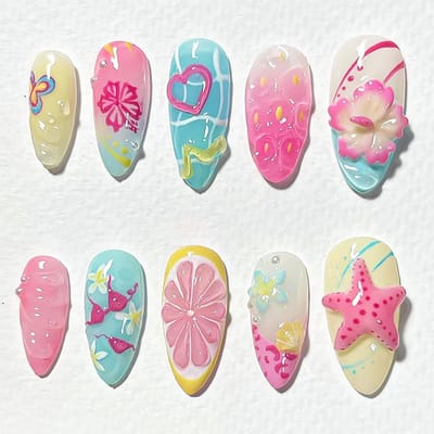 30 Stuks Nepnagels met Zomerprint, Middelgrote Amandelvorm, 3D Bloemen en Sterrenbeeld Ontwerpen, Perfect voor Strand en Zomerfeestjes, Inclusief Parellijm