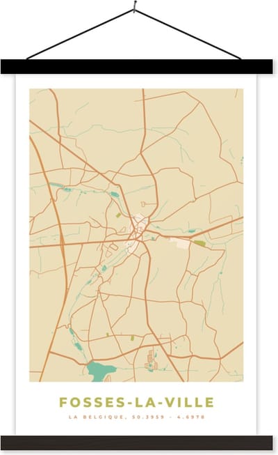 Posterhanger incl. Poster 40x60 cm - Schoolplaat - Fosses-La-Ville - Stadskaart - Vintage - Plattegrond - Kaart - Textielposter - Zwarte latten - Stadskaart