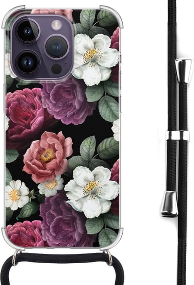 Hoesje met koord - Geschikt voor iPhone 14 Pro Max - Flowers - Verstelbaar zwart koord - Transparant, Multi - Bloemen - Leuke Telefoonhoesjes