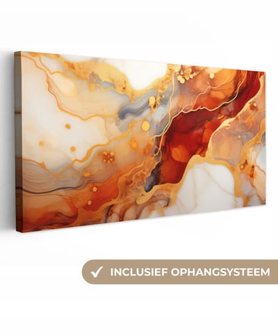 Canvas schilderij 40x20 cm - Wanddecoratie Marmer - Oranje - Goud - Modern - Abstract - Muurdecoratie woonkamer - Slaapkamer decoratie - Kamer accessoires - Schilderijen op canvas