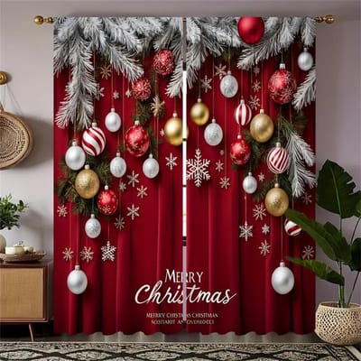 2 stuks Klassieke Kerstlantaarnbomen Elandenprint Gordijnen Handwasbaar, Haakloze Tunnel voor Roede Voor Woonkamer Slaapkamer Keuken Kantoor W65X60H(cm)X2Pcs&Grommet Top