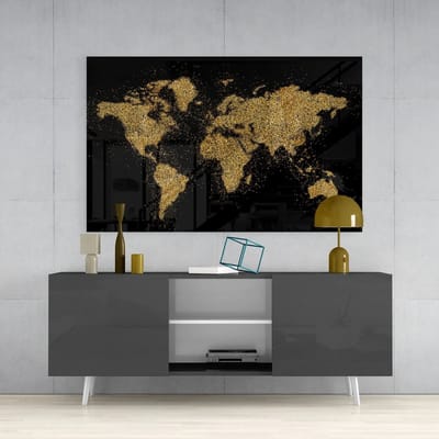 Glasschilderij - Abstract - Wereldkaart - Goud - Schilderijen - 72x46 cm - 4 mm