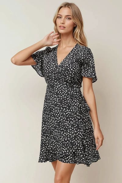 Ditsy Bloemenpatroon V-Hals Viscose Minijurk