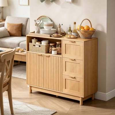 REDOM - Sideboard met opbergruimte - Open vak, 3 lades en kastvakken - Verstelbare planken - Moderne stijl - Woonkamer - MDF en spaanplaat - Houtlook - 90 x 35 x 80 cm
