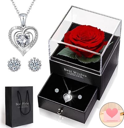 Blazelife - Eeuwige Bloem Rose + Sieraden Doos + Silver Hartjes Ketting + Oorbel- Eeuwige Roos Cadeau voor Vrouw- Verjaardag Cadeau Vriendin - Romantisch Cadeau - Huwelijksaanzoek - Liefde -925 Silver