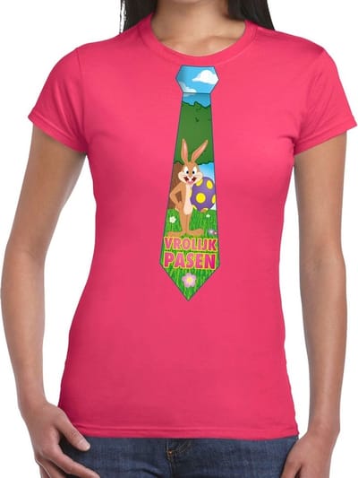 Roze Paas t-shirt met paashaas stropdas - Pasen shirt voor dames - Pasen kleding S