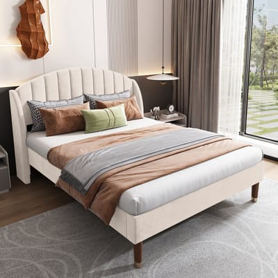 REDOM Bedframe 140x200 cm – Fluweel – Hoog hoofdbord – Lattenbodem – Beige – 300 kg