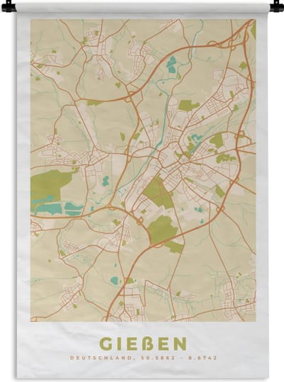 Wandkleed - Wanddoek - Gießen - Plattegrond - Kaart - Vintage - Stadskaart - 120x180 cm - Wandtapijt