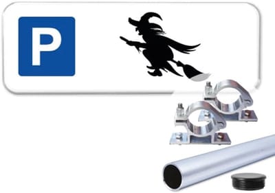 Parkeerbord Heks - Weerbestendig Aluminium - 40x15 cm - Bevestiging: Met paal 120 cm + paalbeugels + paaldop