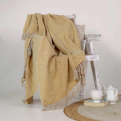Urbane Hide | Mosterdgeel Geweven Zacht Plaid | SierPlaids | 125x150 cm | met Franjes | 100% Katoen | Geel