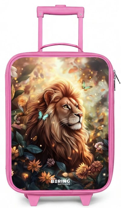 NoBoringSuitcases.com® - Kinderkoffer roze - Kindertrolley meisje - Leeuw met vlinders in bloemrijke jungle - Koffer kind lichtgewicht - Reiskoffer trolley voor kinderen - Koffertje met lichtgevende wieltjes - Rolkoffer
