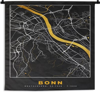 Wandkleed - Wanddoek - Bonn - Stadskaart - Plattegrond - Kaart - Goud - Duitsland - 180x180 cm - Wandtapijt