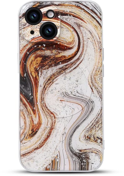 Casemania Hoesje Geschikt voor Apple iPhone 13 - Wit en Bruin - Marmer Glitter Back Cover met Camera Bescherming - Geschikt voor MagSafe