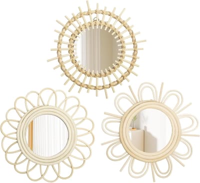 Set van 3 Moderne Boho Wandspiegels met Metalen Haken voor Badkamer, Entree, Woonkamer en Slaapkamer Decoratie