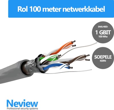 Rol 100 meter F/UTP netwerkkabel - Grijs - Soepel - Zonder stekkers - Folie afscherming