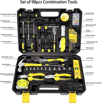 YAR Gereedschapskoffer 98-delig – Complete Toolbox – Gevulde Gereedschapsset – Handgereedschap – Schroevendraaierset – Ratel & Dopsleutelset – Koffer – Ideaal voor Klussen & Cadeau voor Mannen