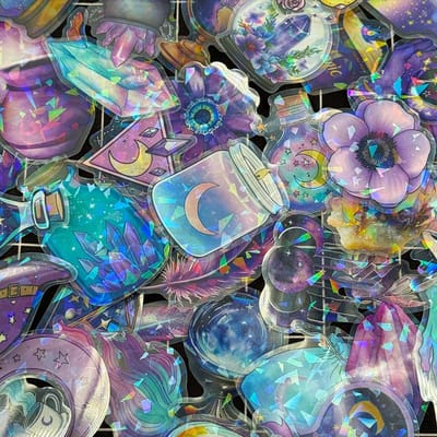 Lot de 50 Stickers Film Magique Scintillant pour Sorcière en PET Transparent Imperméable Décoration pour Carnet Manuel de Compte Guitare Carnet