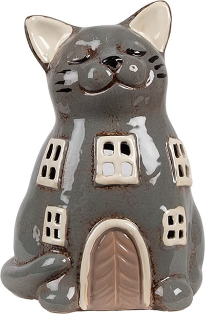 Clayre & Eef Waxinelichthouder Kat 15x12x21 cm Grijs Keramiek Theelichthouder