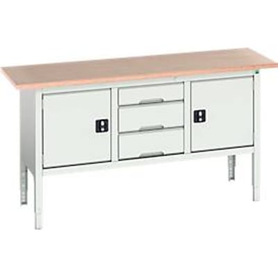 Bott verso box-type werkbank, met multiplex blad, 3 laden & 2 deuren, B 1750 x D 600 x H 830 - 930 mm, RAL 7035 lichtgrijs