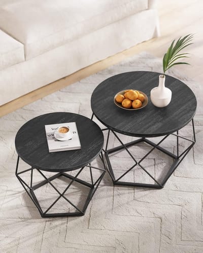 Parya Home Ronde salontafels, set van 2 bijzettafels, moderne stijl, afneembaar tafelblad, stalen frame, voor woonkamer, zwart