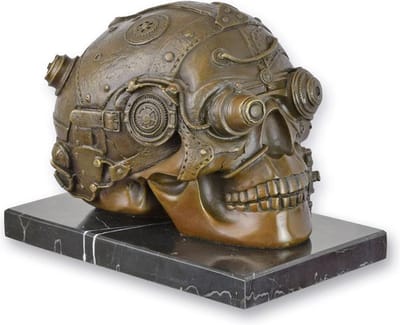 Schedel Sculptuur - Bronzen Beeld - Steampunk Kunst Stijl - Brons Beeldje op Marmer - Skull Skelet - Interieur Decoratie - 17x11x13
