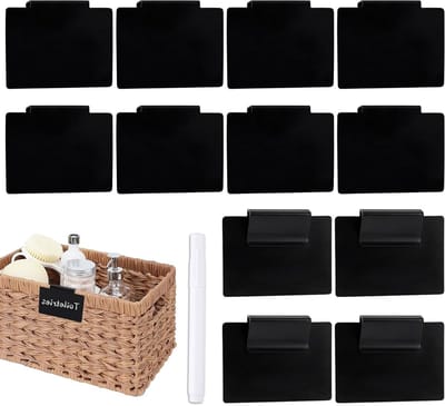 Allecto Plus - 12 stuks mand label verwijderbare zwarte PVC clips met marker - Voorraadkast etiketten opslagbakken - Organisatie en opslag oplossing