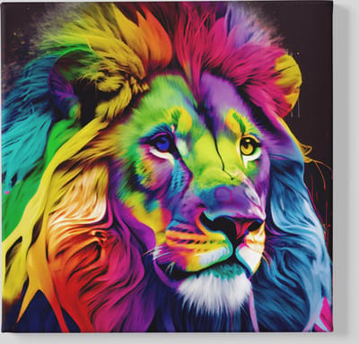Canvas Schilderij - Dieren - Kleurrijke Leeuw - Wanddecoratie - 40x40x2 cm