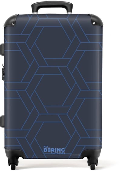 NoBoringSuitcases.com - Grote koffer - Geometrisch patroon met lichtblauwe lijnen op een donkerblauwe achtergrond - Reiskoffer met 4 wielen - Trolley op wieltjes - Rolkoffer groot - 72 liter - Ruimbagage valies 20kg - Valiezen voor volwassenen