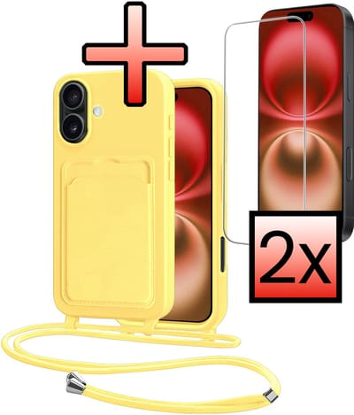 Hoes Geschikt voor iPhone 16 Plus Hoesje Pasjeshouder Cover Met Koord Case Siliconen Hoes Met Telefoonkoord en Kaarthouder Met 2x Screenprotector - Geel