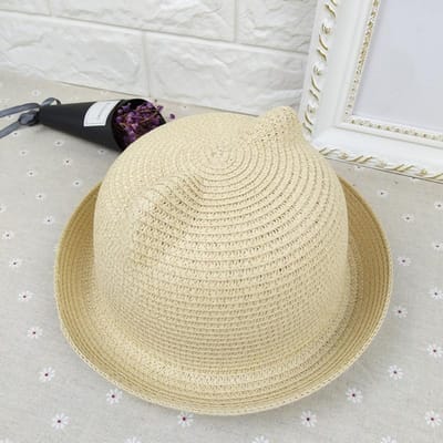 Chapeau de paille fait main mis à jour chapeau de paille 7 couleurs pour enfants chapeau de paille d'été chapeau de sandale sortie voyage hommes et femmes chapeau de soleil à oreilles de chat pour bébé utilisation pratique 48-52cm beige