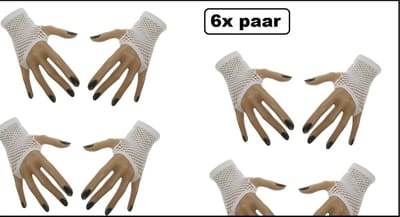 6x Paar nethandschoenen vingerloos wit - Merk PartyXplosion - Festival thema feest disco neon verjaardag verkleed feest