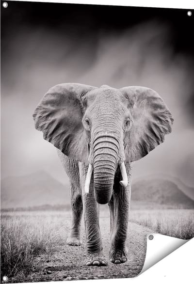 Gards Tuinposter Olifant - Zwart Wit - 80x100 cm - Tuindoek - Tuindecoratie - Wanddecoratie buiten - Tuinschilderij