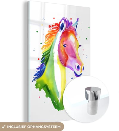 MuchoWow® Glasschilderij 40x60 cm - Schilderij acrylglas - Paard - Regenboog - Wit - Meisjes - Kinderen - Meiden - Foto op glas - Schilderijen