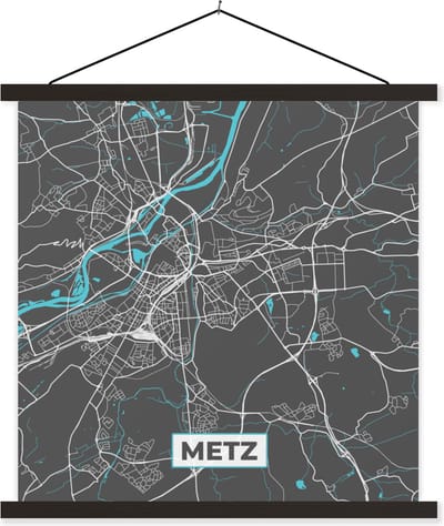 Posterhanger incl. Poster 60x60 cm - Schoolplaat - Frankrijk - Plattegrond - Kaart - Stadskaart - Metz - Textielposter - Zwarte latten - Stadskaart