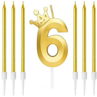 Dailygoods- Verjaardagskaarsen Set - Digitale 3D Kaars Nummer 6 - Lange Kaarsen - Verjaardagstaart Versiering - Gouden Kleur - 6 Stuks - Taartkaars