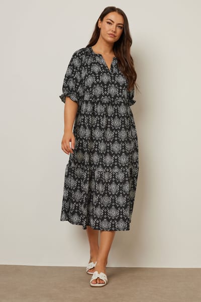 Yours Gelaagde Midijurk Met Tegelprint En Korte Mouwen In Zwart Size 44
