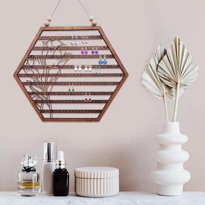Houten Sieradenstandaard - Oorbel Organizer - Sieraden Opbergen - Decoratief Maan Zeshoek - 33.7 cm Breed - Houtkleur