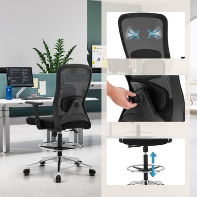 Werkstoel / barkruk TOP WORK 44 Zitting stof / rugleuning gaas zwart hjh OFFICE