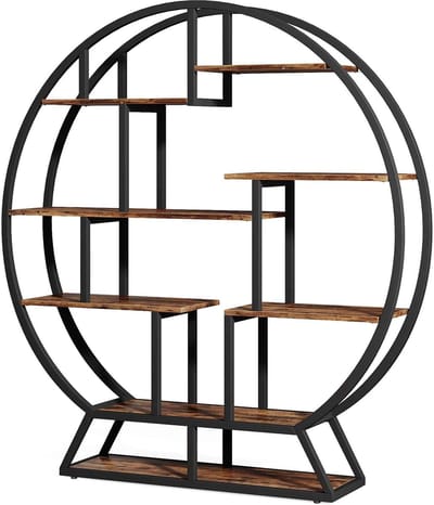 CORE Boekenkast - Accessoireskast - Met 8 open planken - Rond design - Industriële stijl - 150x30x159cm - Rustiek Bruin