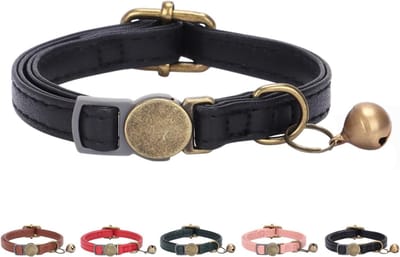 Veiligheids Kattenhalsband met Bel - Zacht PU Leer Kitten Halsband met Oud Messing Gesp - Verstelbaar Huisdierhalsband voor Kleine Katten Puppy's