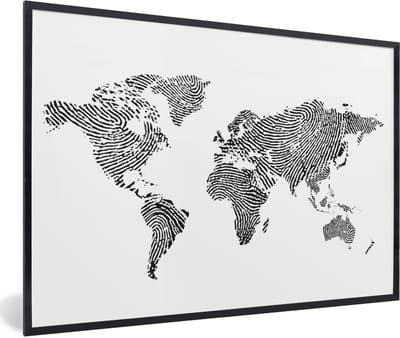 Poster in lijst - Fotolijst 120x80 cm - Posters - Wereldkaart - Vingerafdruk - Zwart - Wit - Kinderen - Jongens - Meisjes - Posterlijst zwart - Decoratie - Wanddecoratie woonkamer - Muurdecoratie slaapkamer