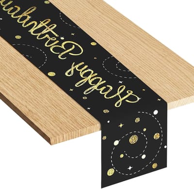 Verjaardagstafelloper in zwart-goud, 180 x 35 cm, wasbaar tafeldecoratie voor feest, keuken en speciale gelegenheden
