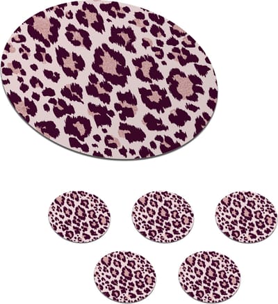Onderzetters voor glazen - Rond - Patronen - Panter - Roze - 10x10 cm - Glasonderzetters - 6 stuks